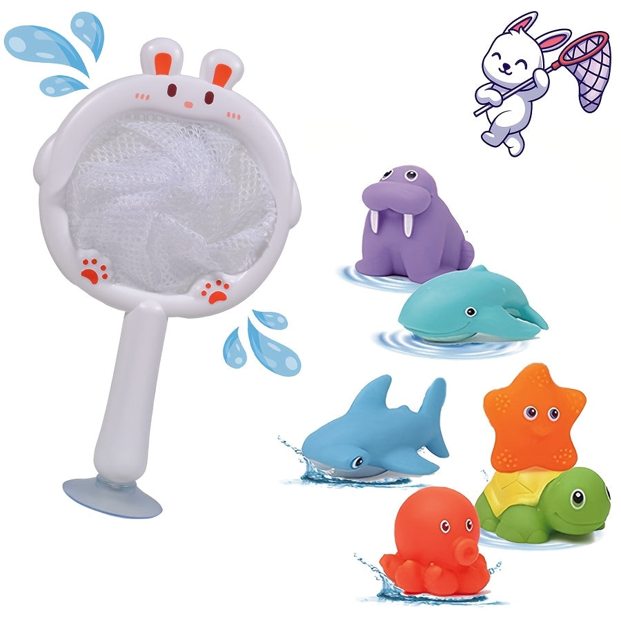 ROYLANZ Mixed Bath Toy Set Rabbit Duck Fishing Net Animal Shaped Play Set