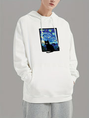 Starry Night & Cat Print Sweatshirt Men's Casual Graphic Crew Neck Pullover