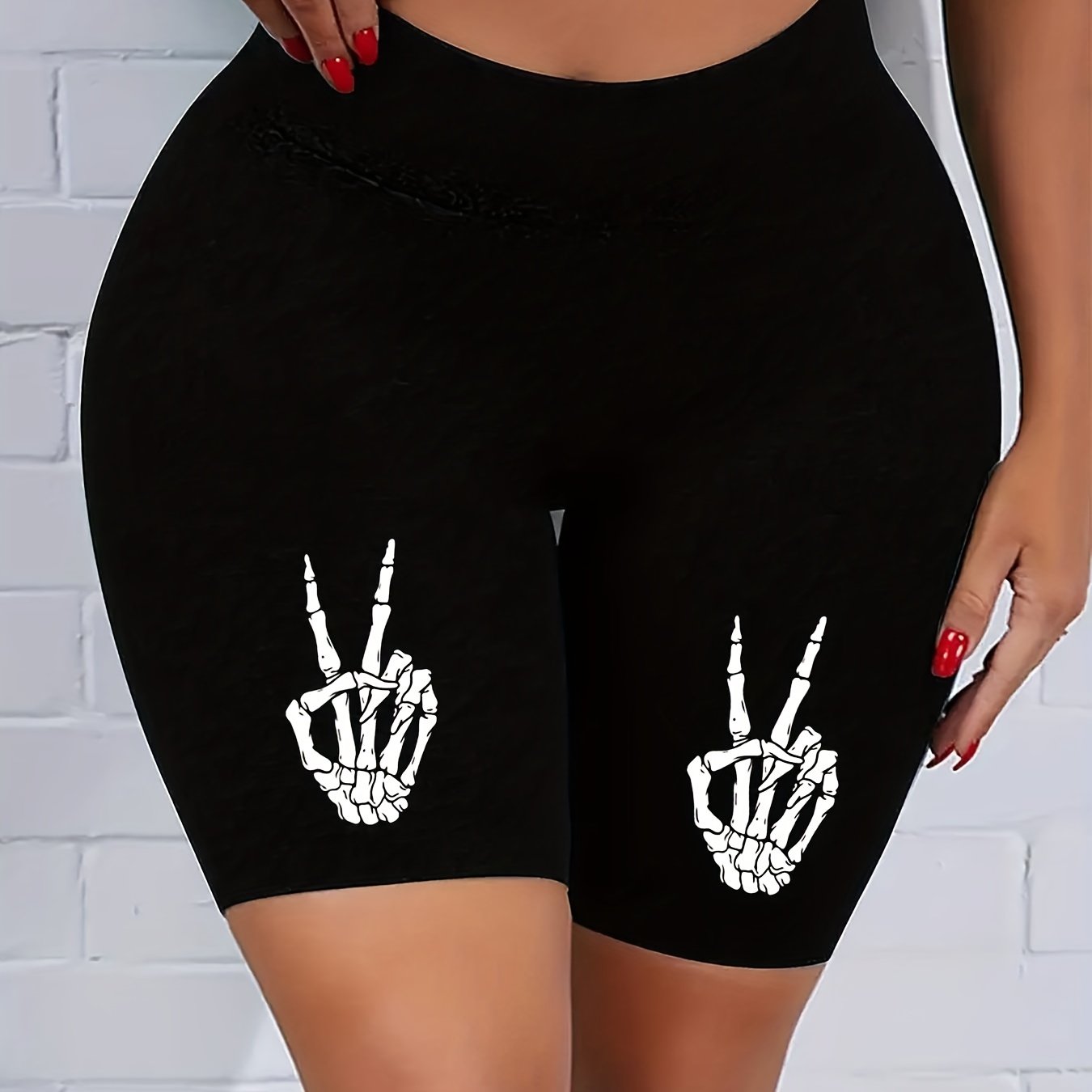  Skeleton Gesture Print High Rise Biker Shorts