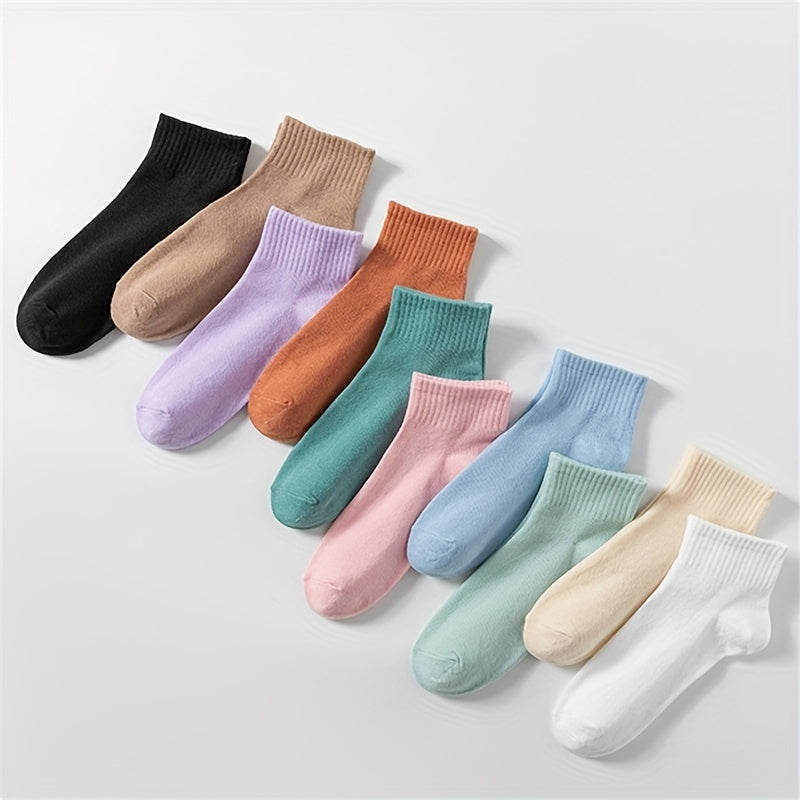 10 Pairs Women's Solid Crew Short Socks - Comfy & Breathable Stockings