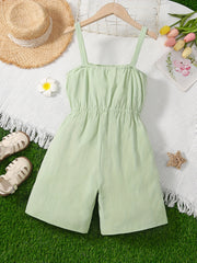 Girls Button Bow Cotton Cami Romper Jumpsuit