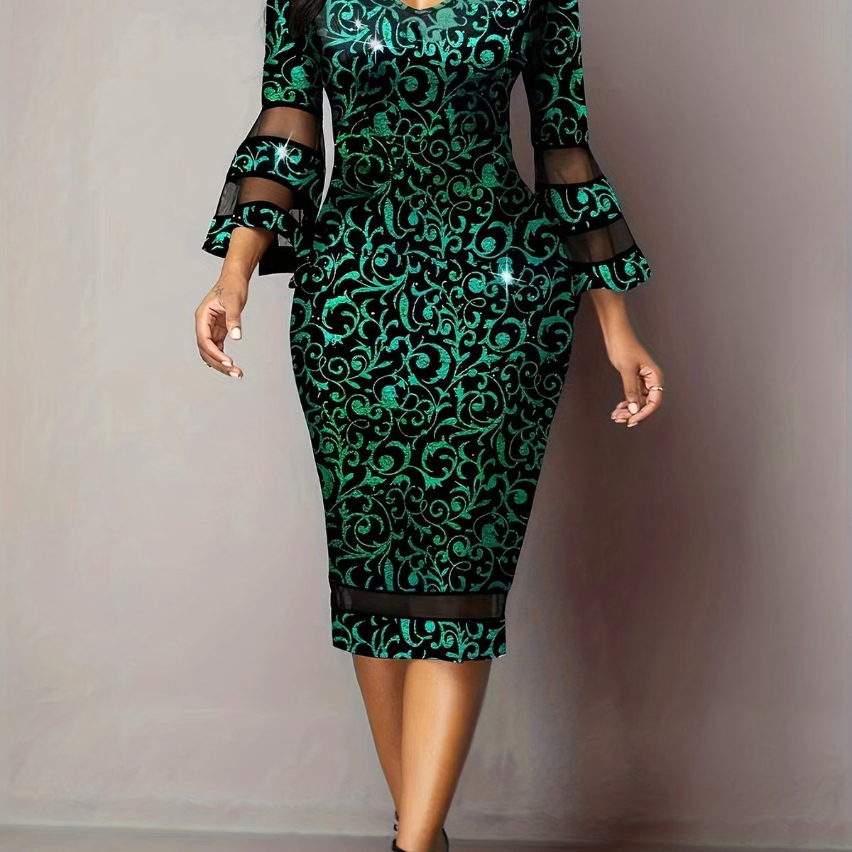  Braque Print Contrast Mesh Trumpet Sleeve Party Dress