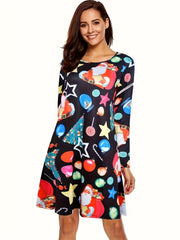  Women's Santa Claus Print Long Sleeve Maxi Dress