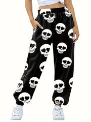  Funny Skull Print High Rise Jogger Pants