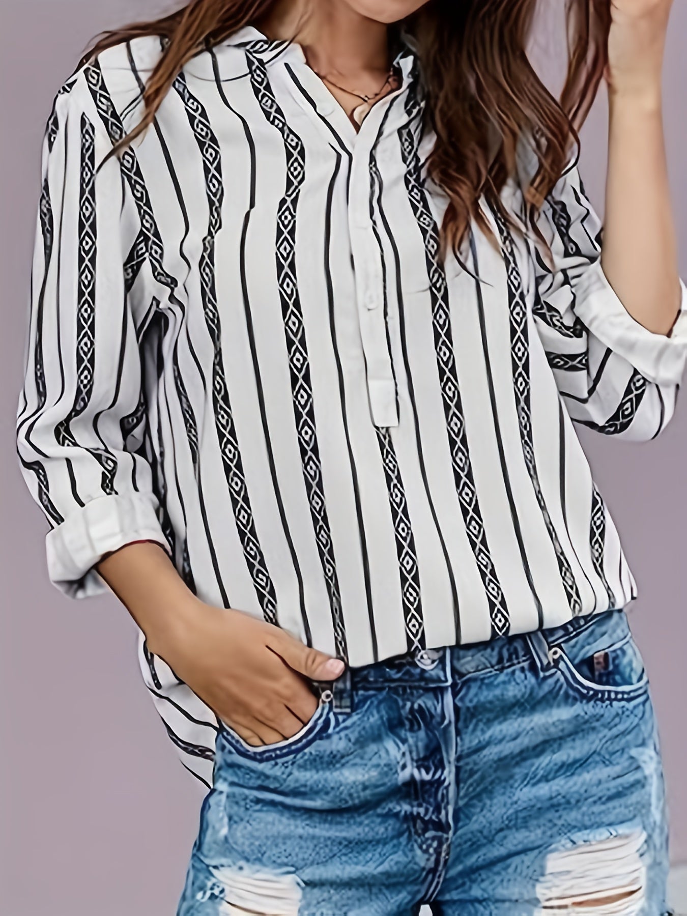  Boho Blouse Women's Geo Print Long Sleeve Notched Neck Button Up