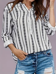 Boho Blouse Women's Geo Print Long Sleeve Notched Neck Button Up