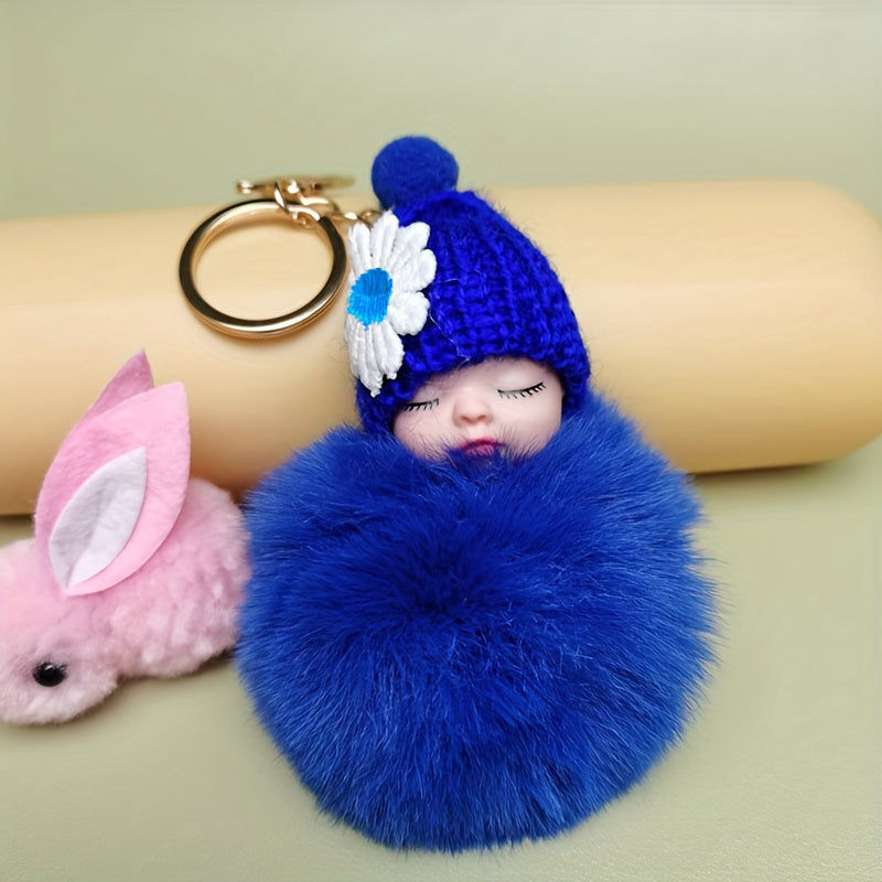 Cute Baby Doll Pom Pom Keychain Bag Charm Fluffy Fur Ball Pendant