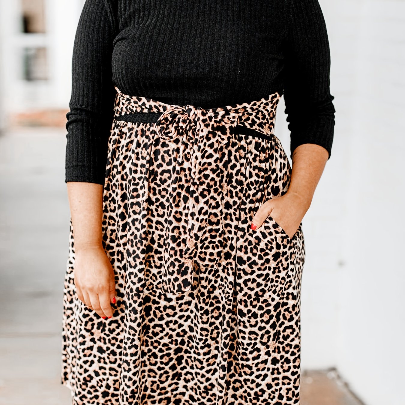  Colorblock Leopard Print Ribbed Long Sleeve Round Neck Dress