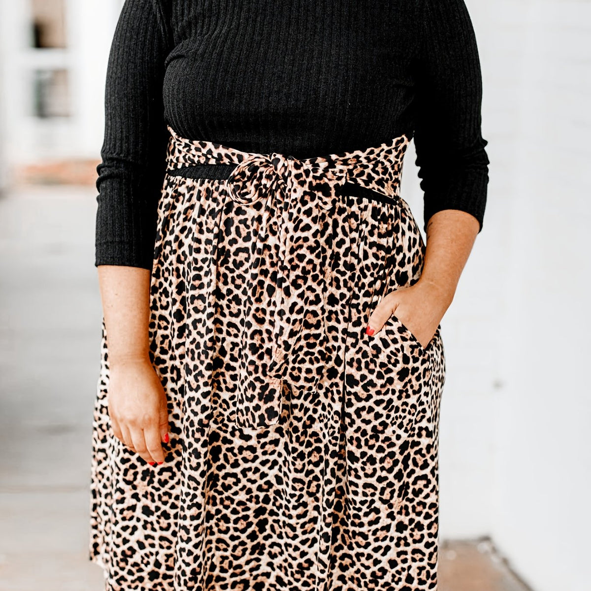  Colorblock Leopard Print Ribbed Long Sleeve Round Neck Dress