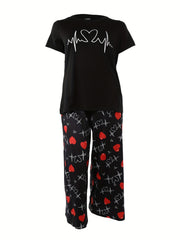  Heart Graphic Tee & Wide Leg Pants Pajamas Set