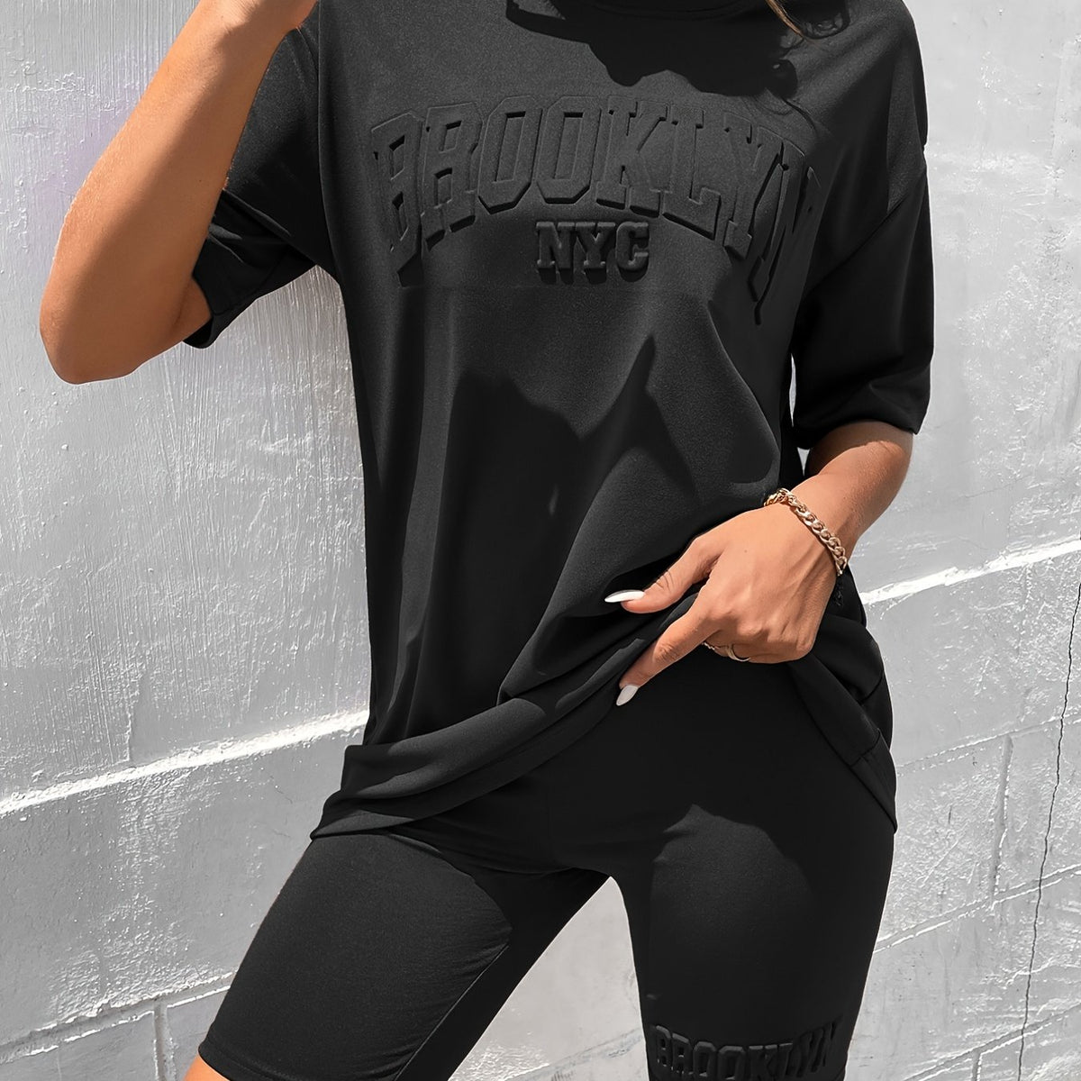 Summer Casual Coffee Brown Women's Textured Tee & Biker Shorts