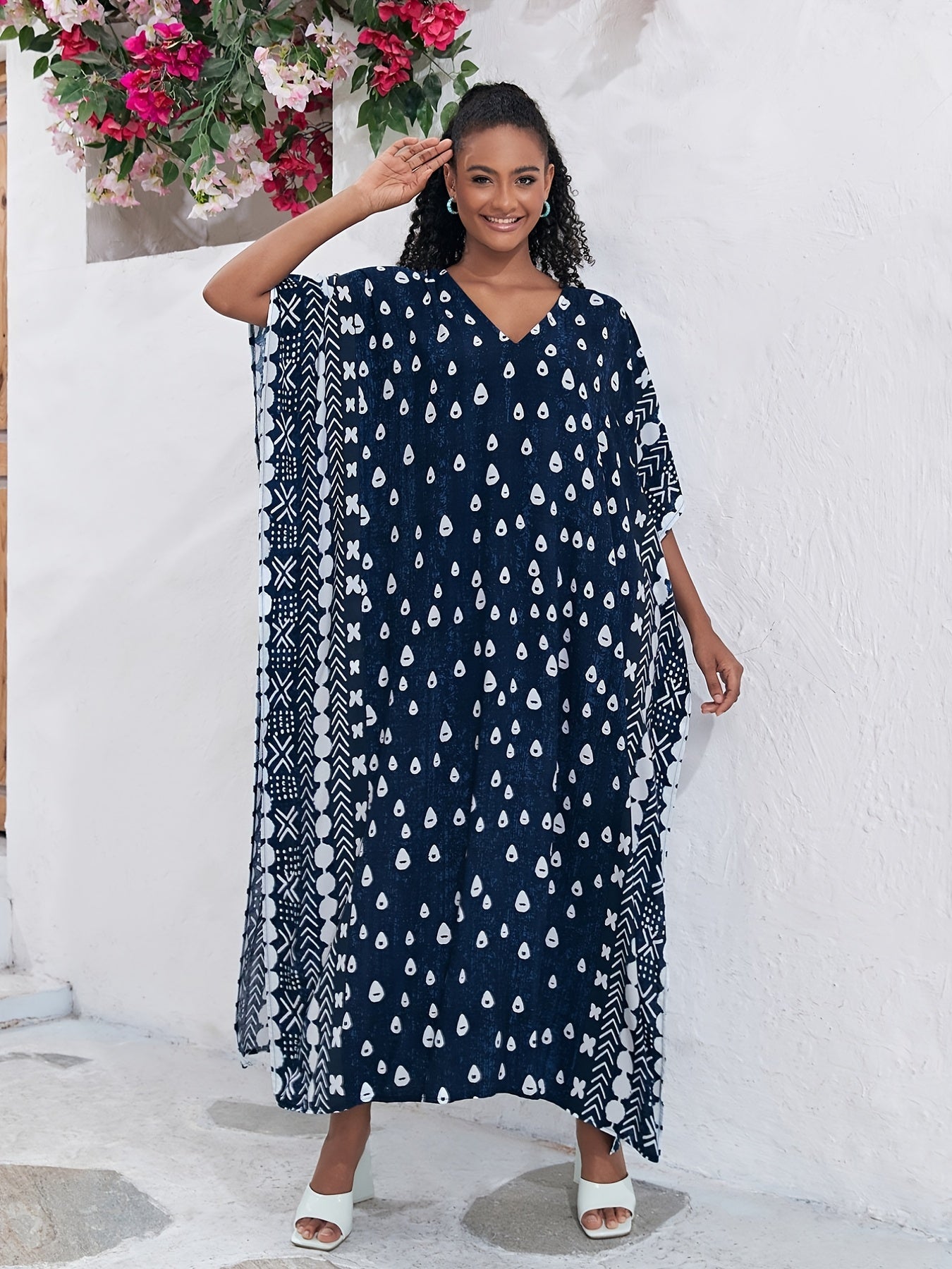  Boho Kaftan Dress Women's Allover Print Batwing Sleeve V Neck