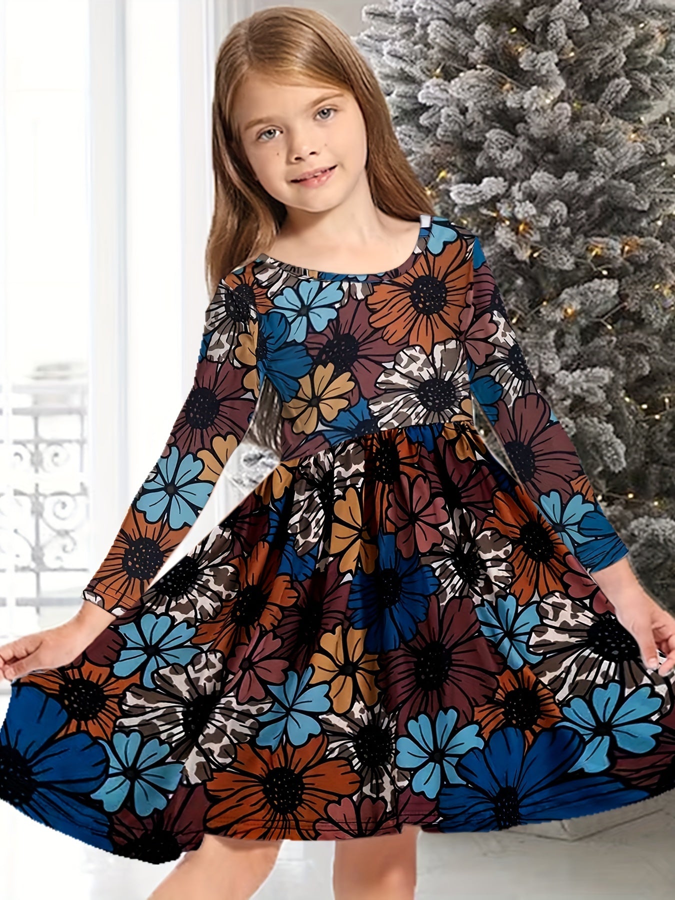 Girls Casual Autumn Flower Print Crew Neck Long Sleeve Dress