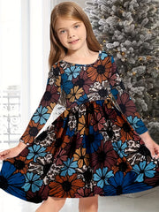 Girls Casual Autumn Flower Print Crew Neck Long Sleeve Dress