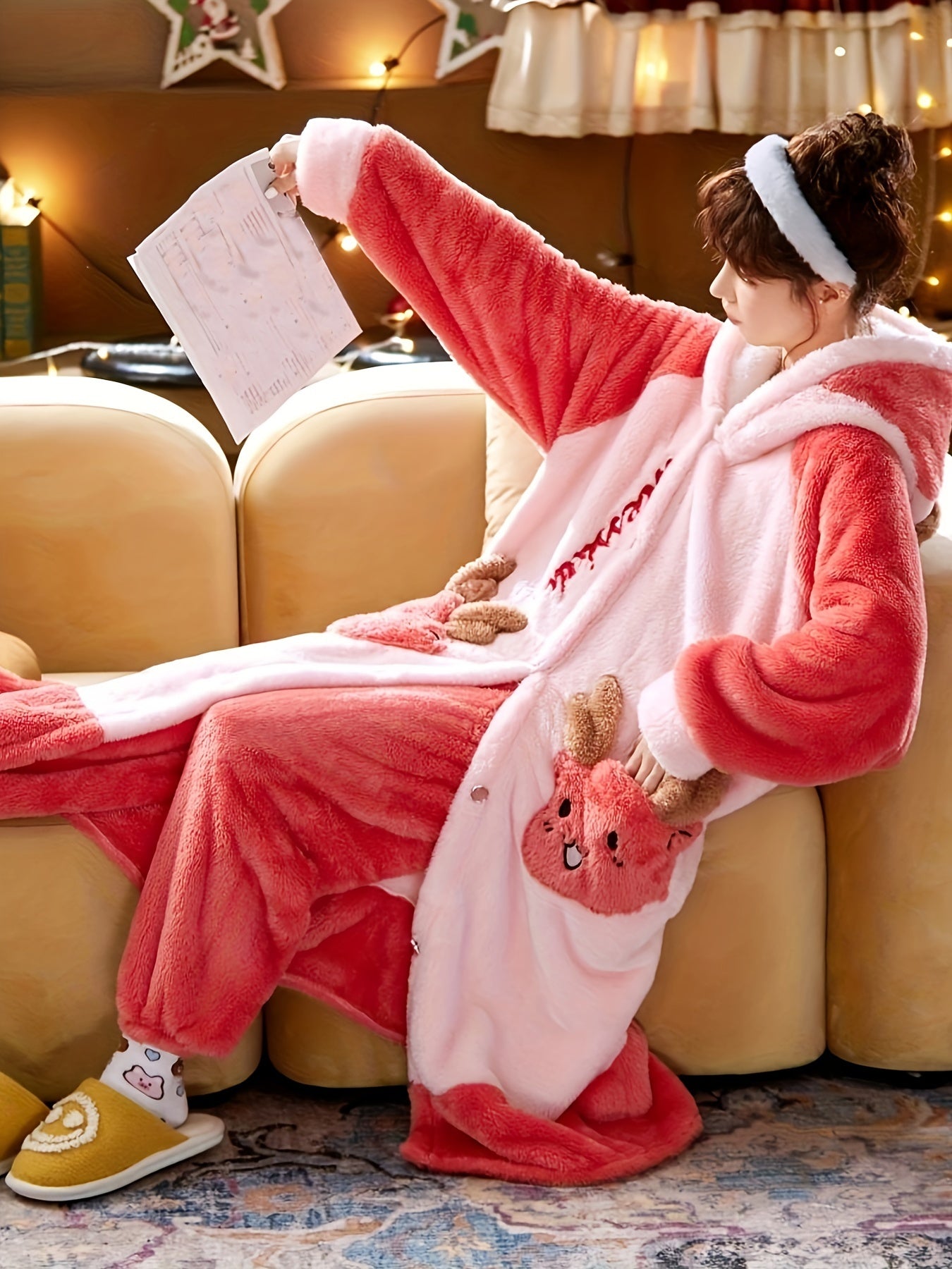  Christmas Pajamas Set Women's Plus Deer Raglan Sleeve Button Up Hooded