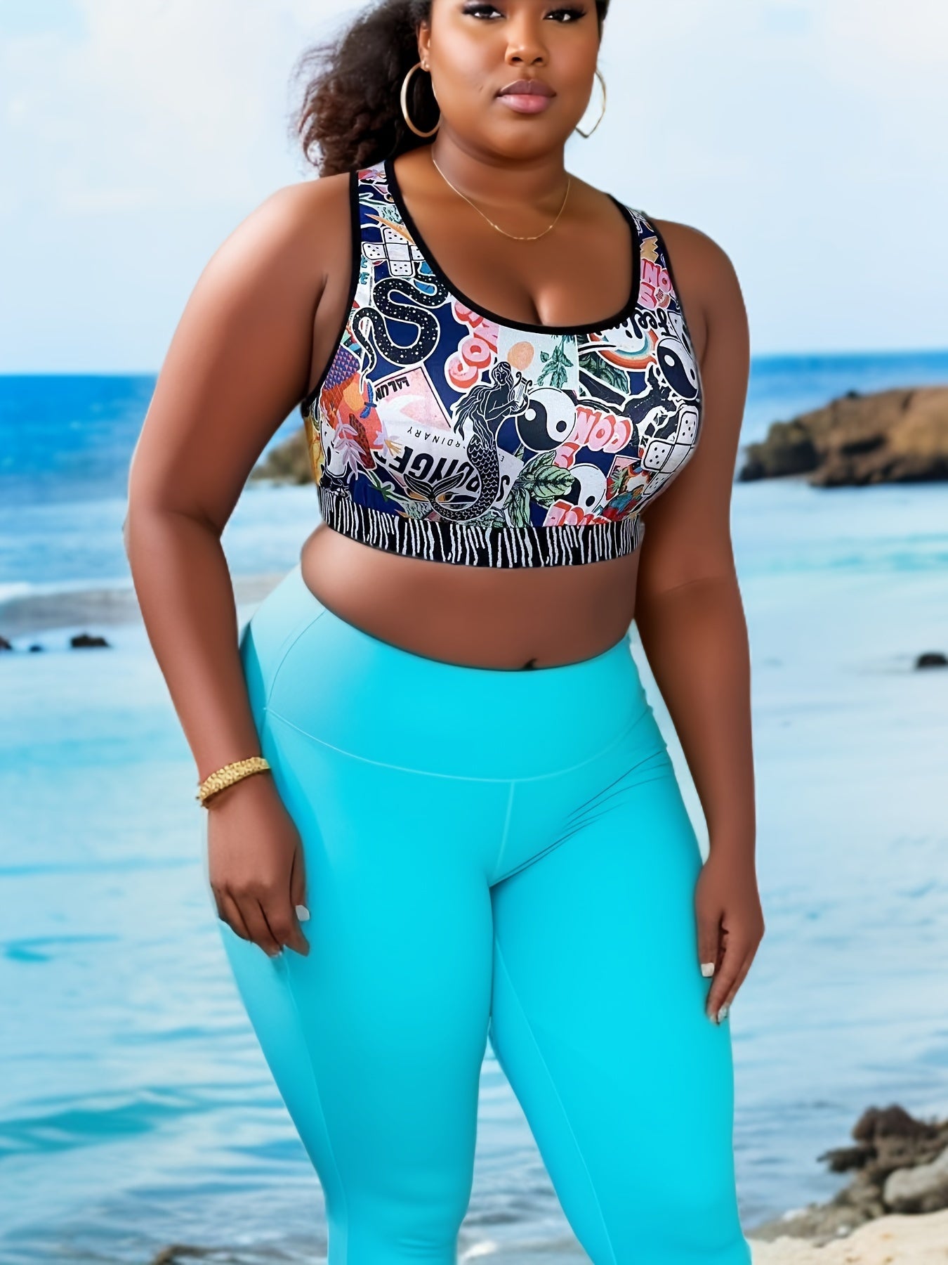 Sports Tank Top Graphic Print High Stretch Round Neck Plus Women