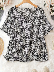  Casual Blouse Women's Plus Allover Floral Print V Neck T