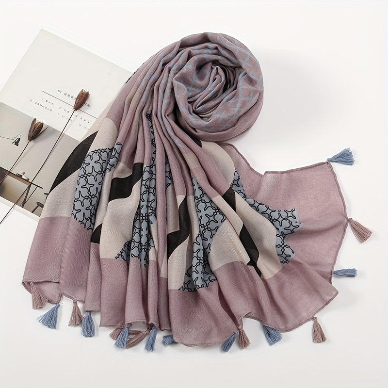 Vintage Plaid Tassel Scarf Dark Pink Shawl Boho Head Wrap