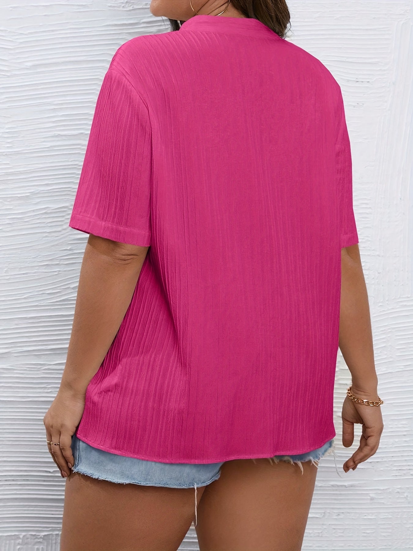  Solid Ribbed Button Up V Neck Blouse
