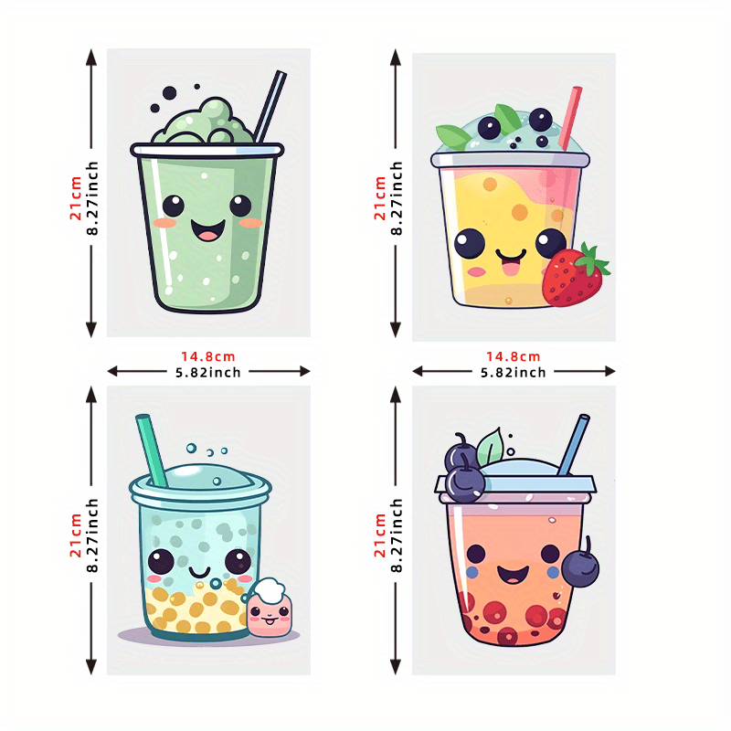 4pcs Cartoon Bubble Tea Heat Transfer Vinyl Patches DIY Clothing T Shirts Masks