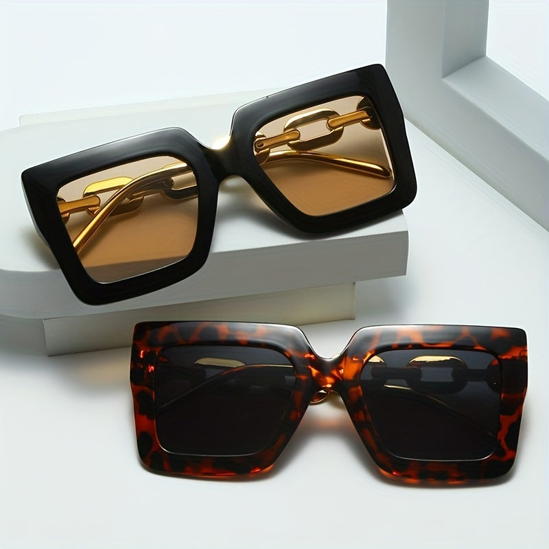 Oversized Square Frame Sunglasses Block Glasses Chain Temple Eyewear