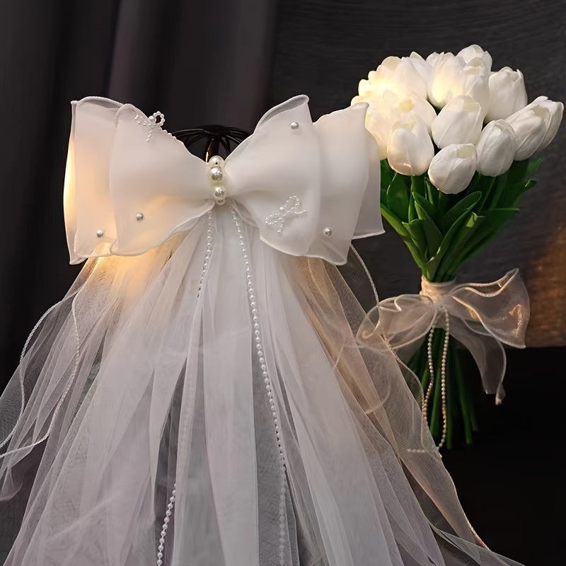 Delicate Lace Bridal Veil with Double Bow & Bead Accents