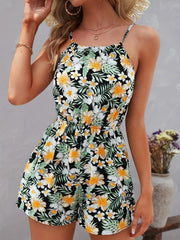 Tropical Print Spaghetti Strap Romper Vacation Slim Waist Sleeveless Romper