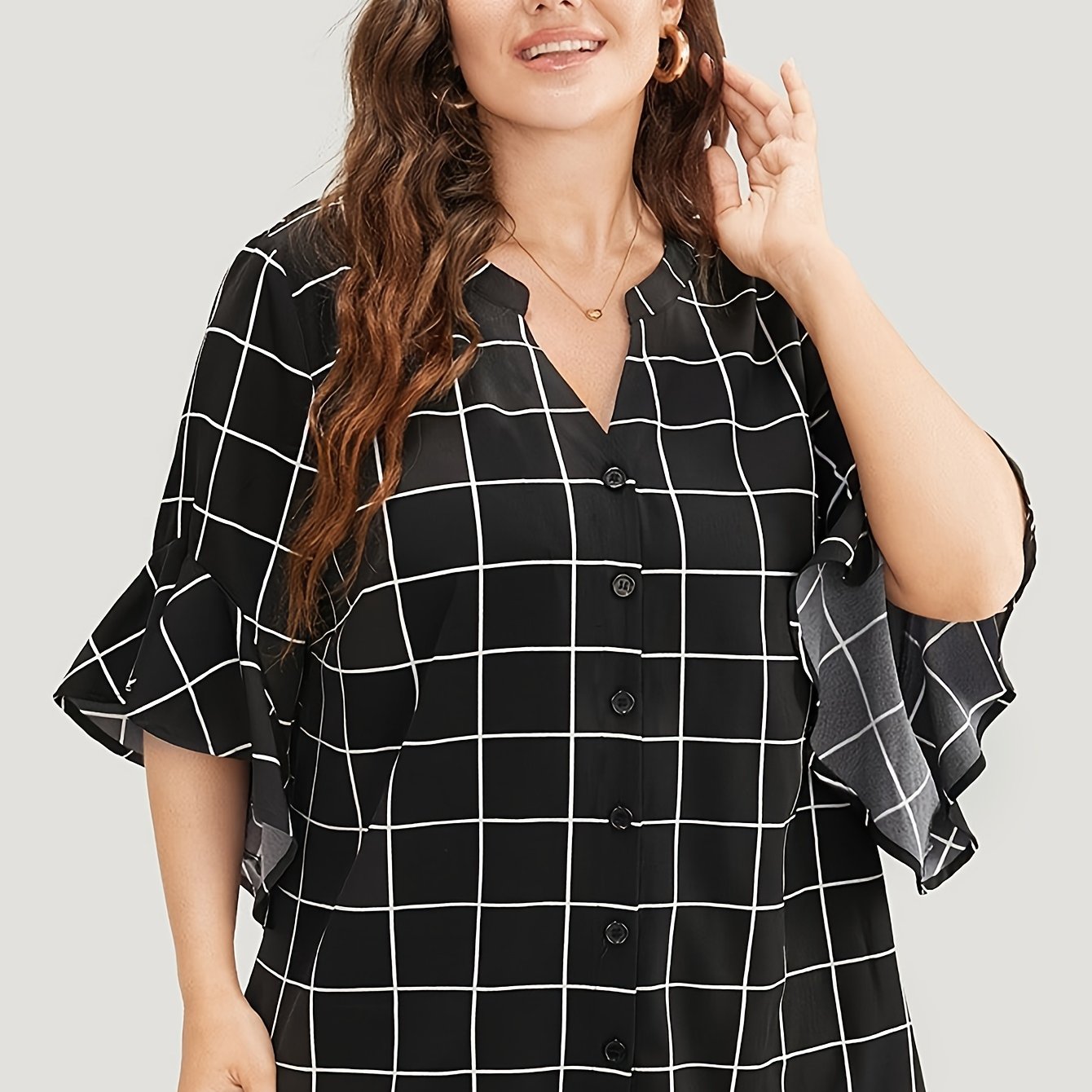  Grid Print Bell Sleeve Blouse