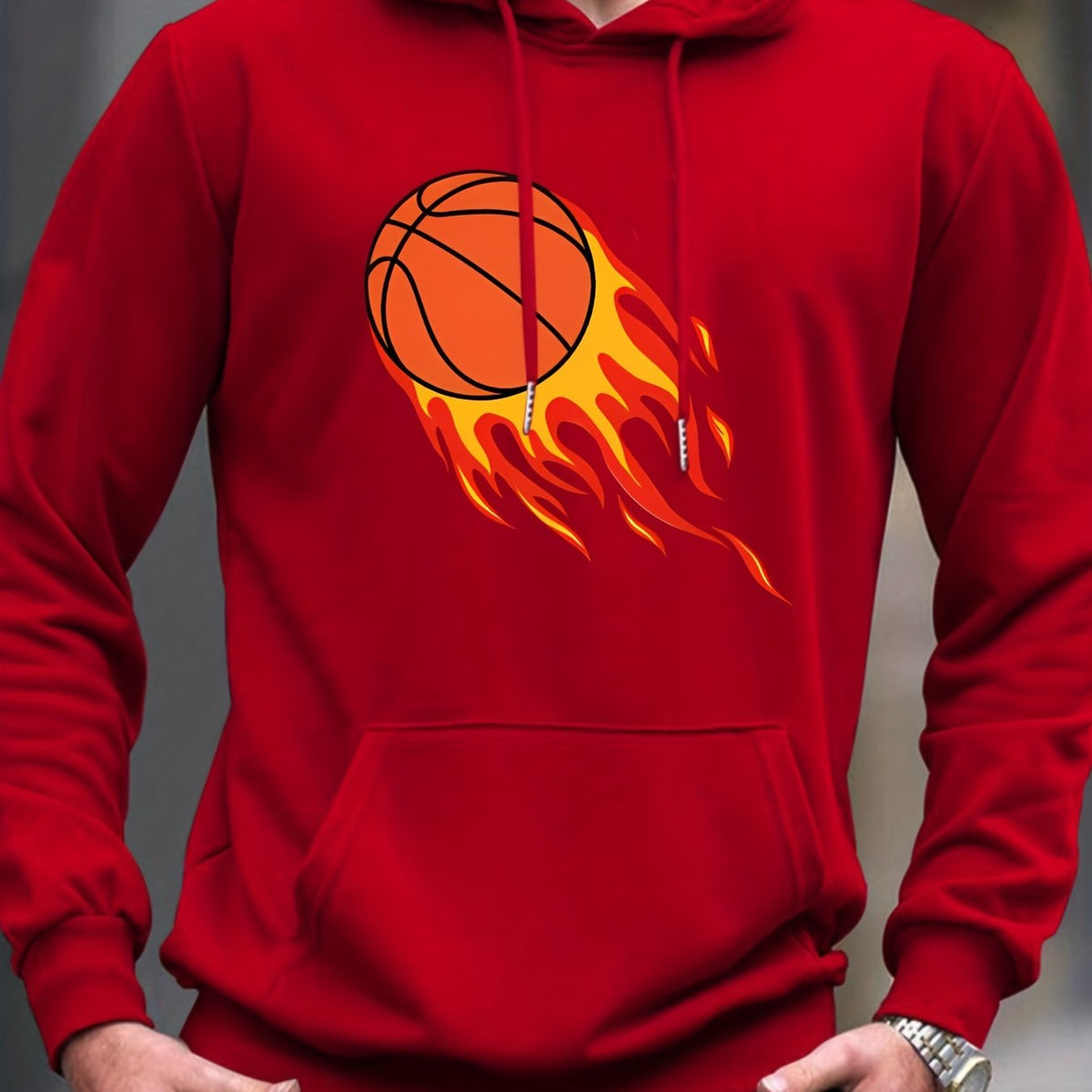 Basketball On Fire Print Hoodie for Men