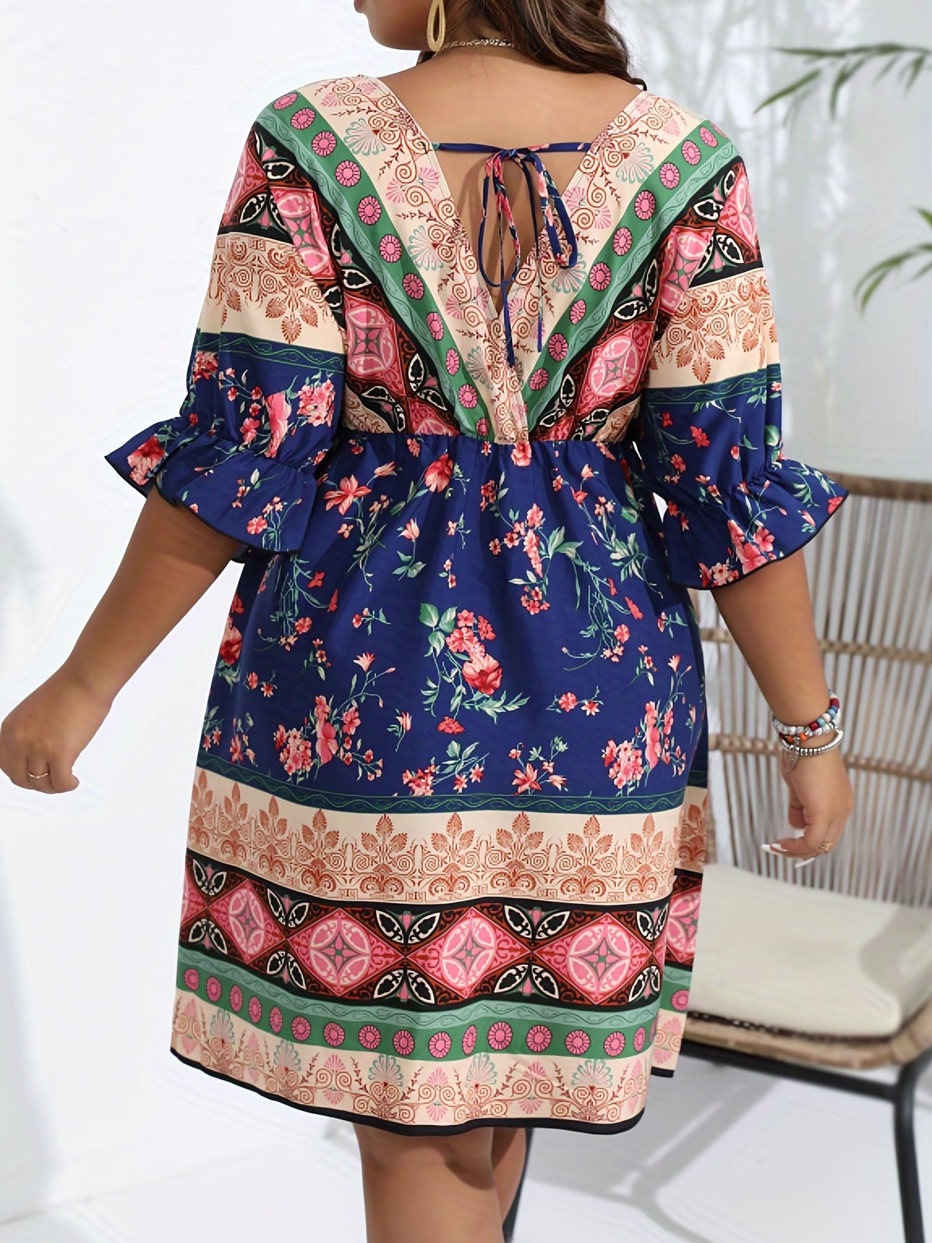  Boho Dress Women's Plus Floral Print V Neck Dress