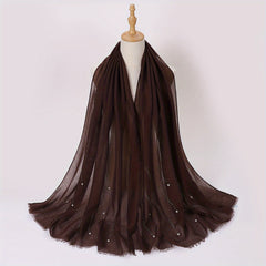 Rhinestone Faux Pearl Decor Scarf Hijab Solid Frayed Edge Shawl