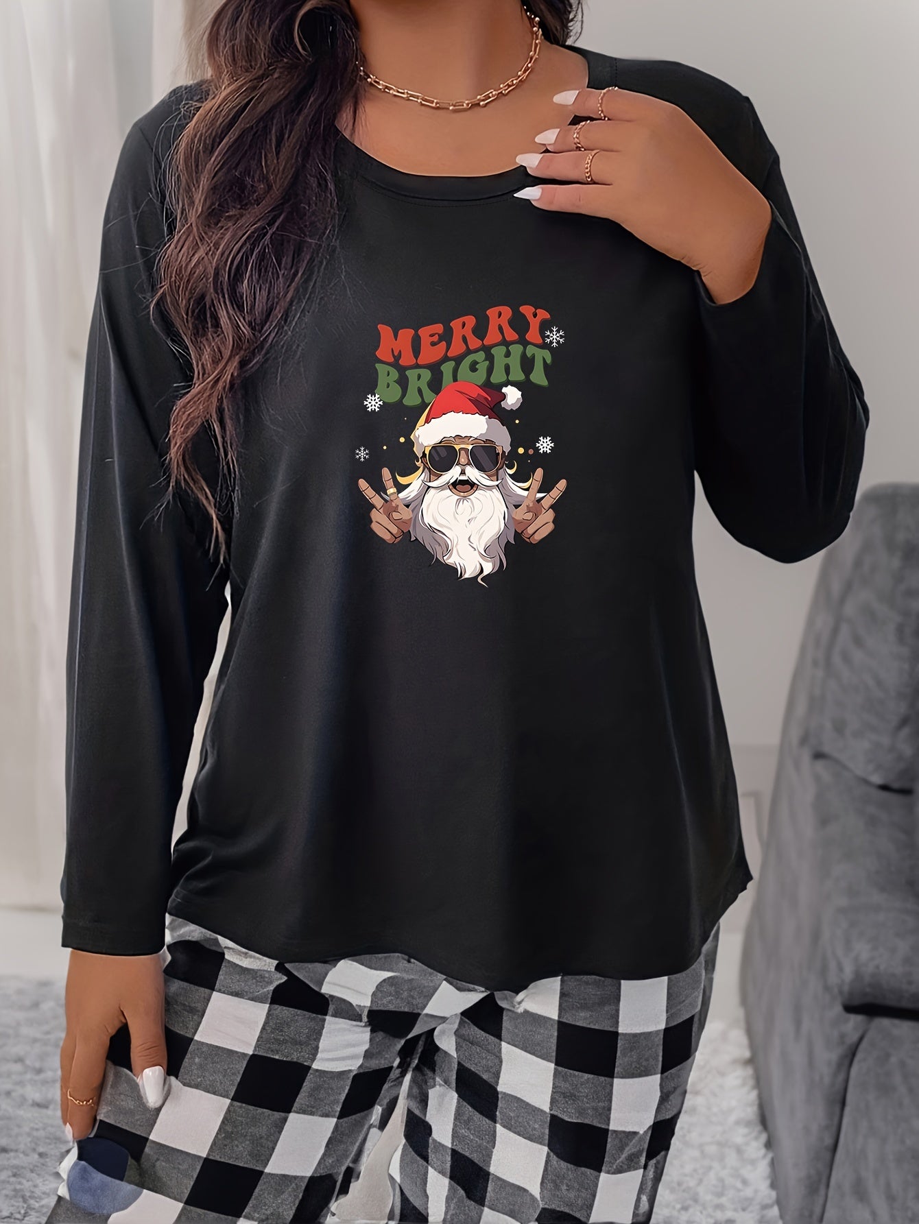  Christmas Santa Pajama Top Women's Snowflake Print Long Sleeve T-shirt
