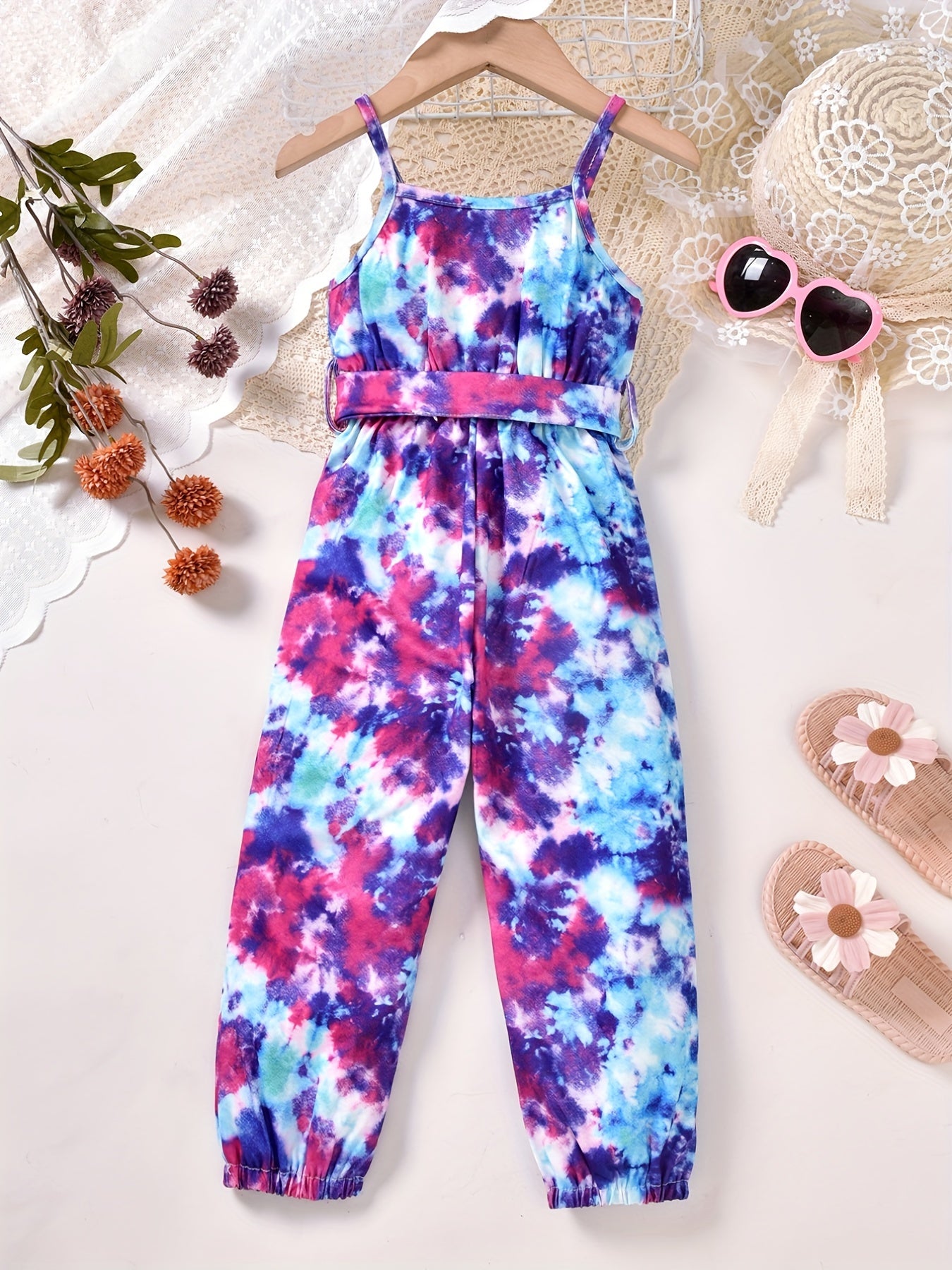 Tie Dye Belted Cami Rompers for Toddler Girls