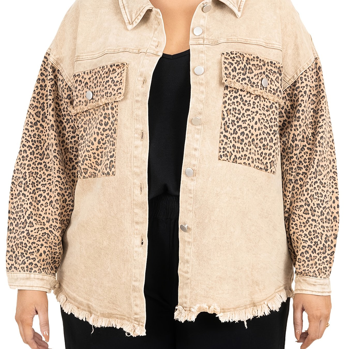  Colorblock Leopard Print Denim Jacket
