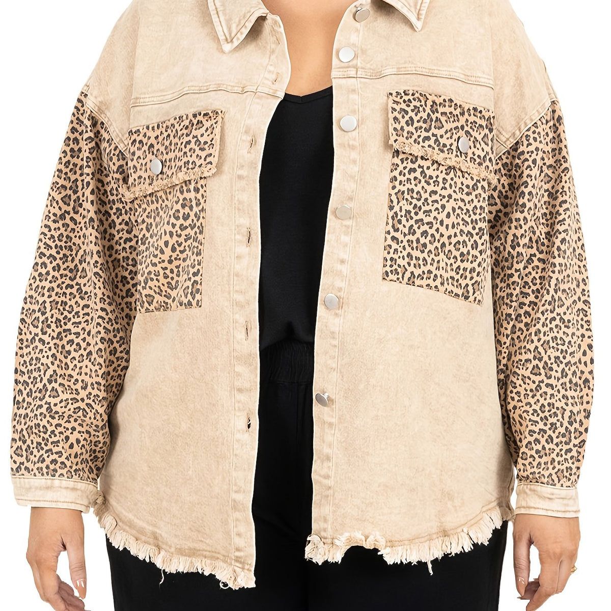  Colorblock Leopard Print Denim Jacket