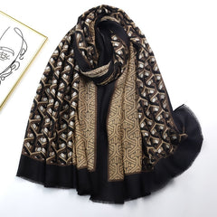 Geometric Ring Print Scarf Block Shawl Frayed Edge Windproof Head Wrap