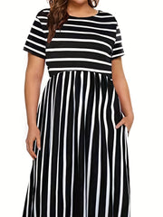 Stripe Print Short Sleeve Round Neck Maxi Dress