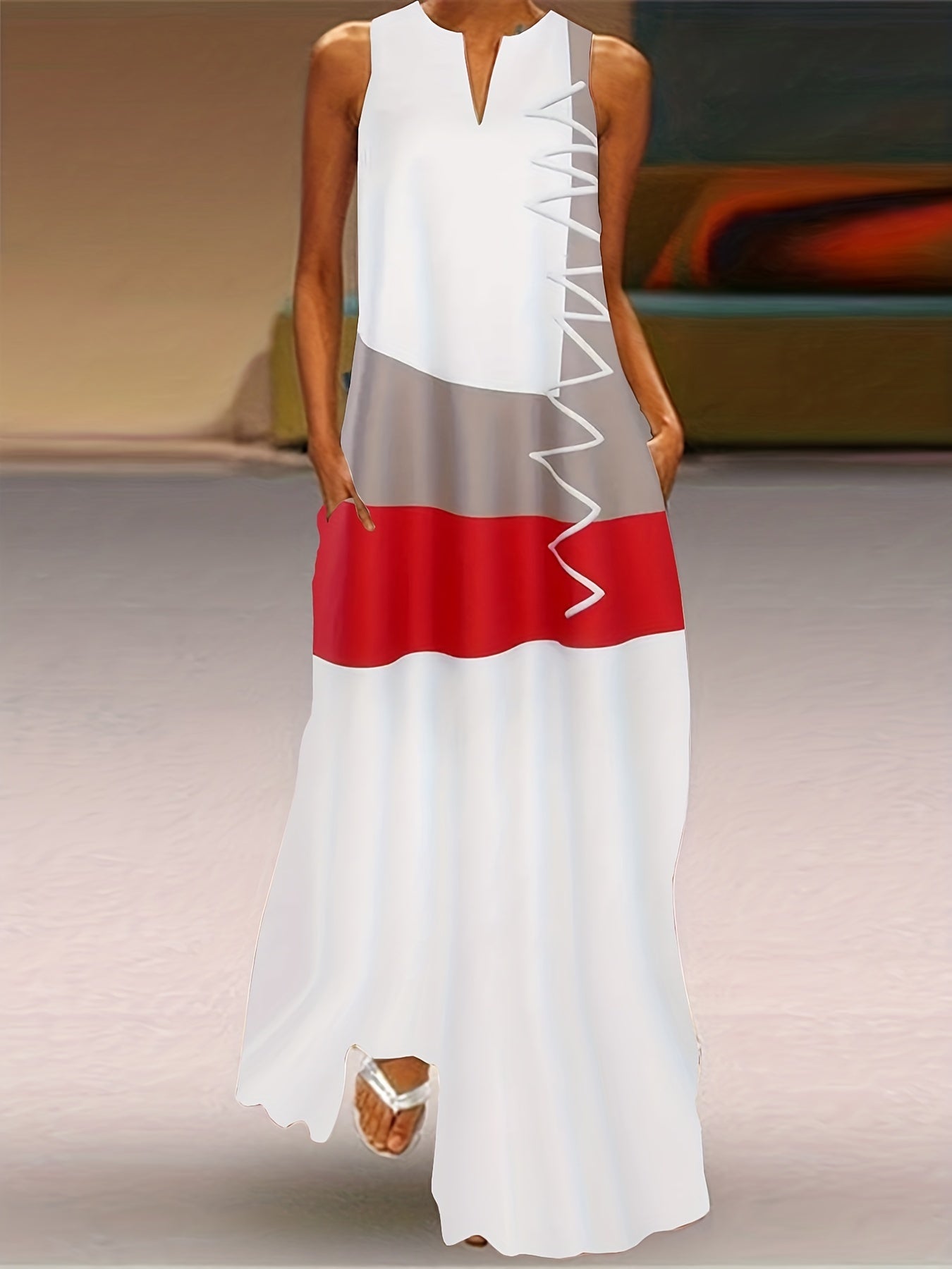  Colorblock Stripe Print Maxi Tank Dress With Pockets