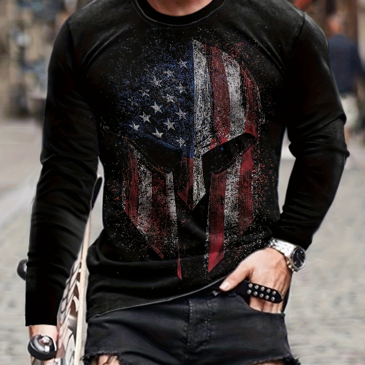 Helmet Print Men's Long Sleeve Novelty T-shirt for Autumn