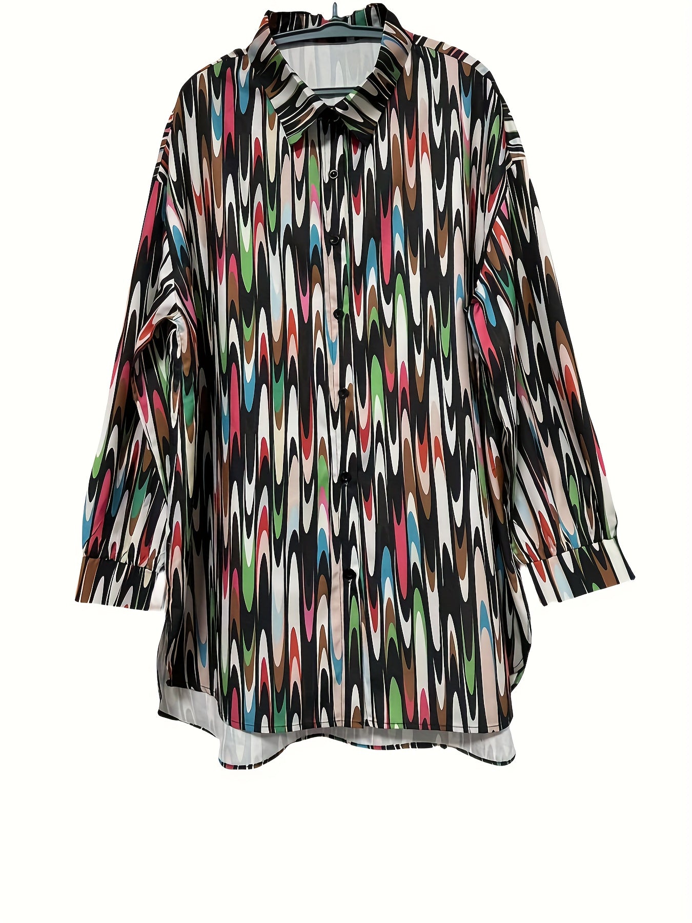  Colorblock Allover Print Button Up Long Sleeve Blouse