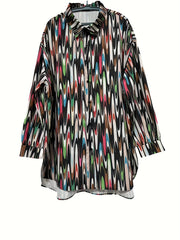 Colorblock Allover Print Button Up Long Sleeve Blouse