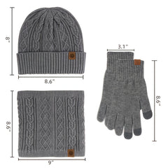 3pcs Winter Knit Gloves Hat Muffler Set Touch Screen Plus Fleece Warm Wool