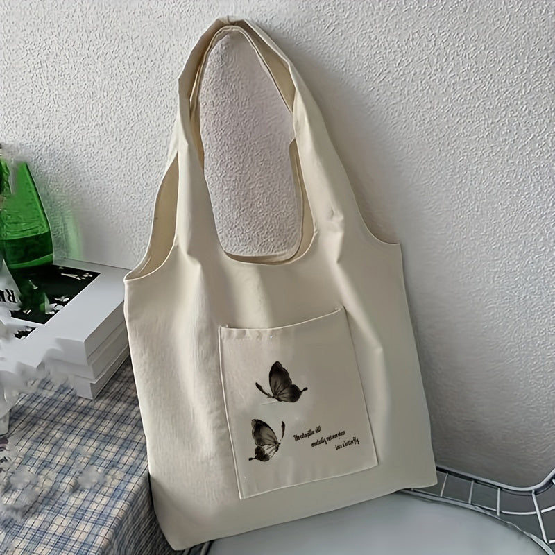 Butterfly Print Canvas Tote Bag Large Shoulder Bag for Shopping & School