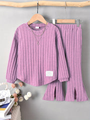 Girl's Ribbed Long Sleeve Top & Flared Pants Set Casual Outfits Spring Fall