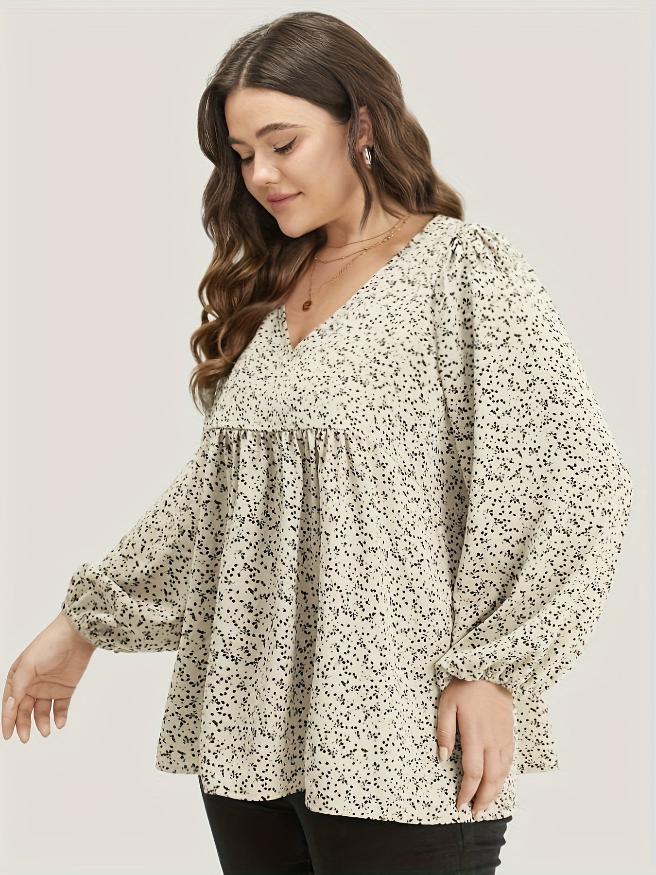 Blouse Women's Plus Ditsy Floral Print Lantern Sleeve V Neck Peplum