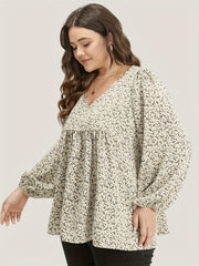  Blouse Women's Plus Ditsy Floral Print Lantern Sleeve V Neck Peplum