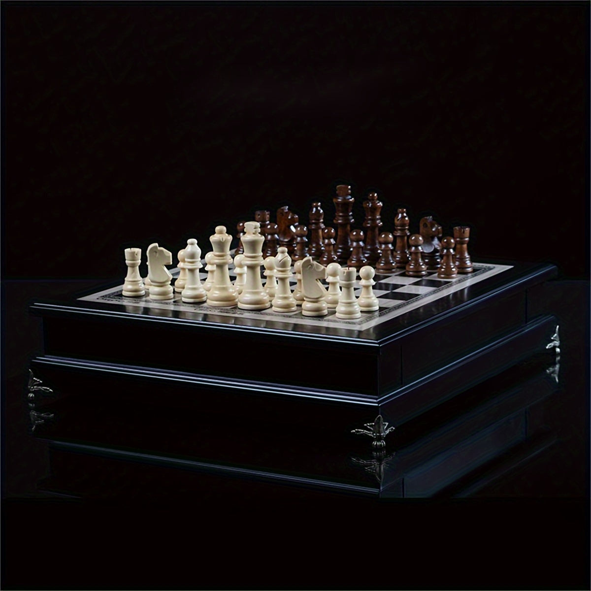 Wooden Int'l Chess Set w/ Storage Drawer Plus 2 Extra Queens Classic Board Game