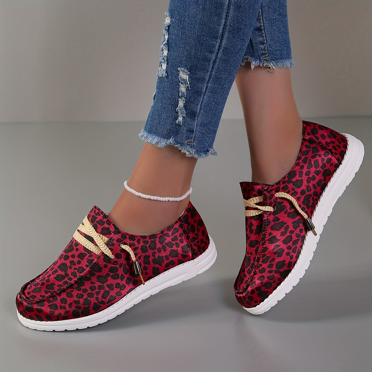 Leopard Print Flat Lace-Up Canvas Shoes for Women