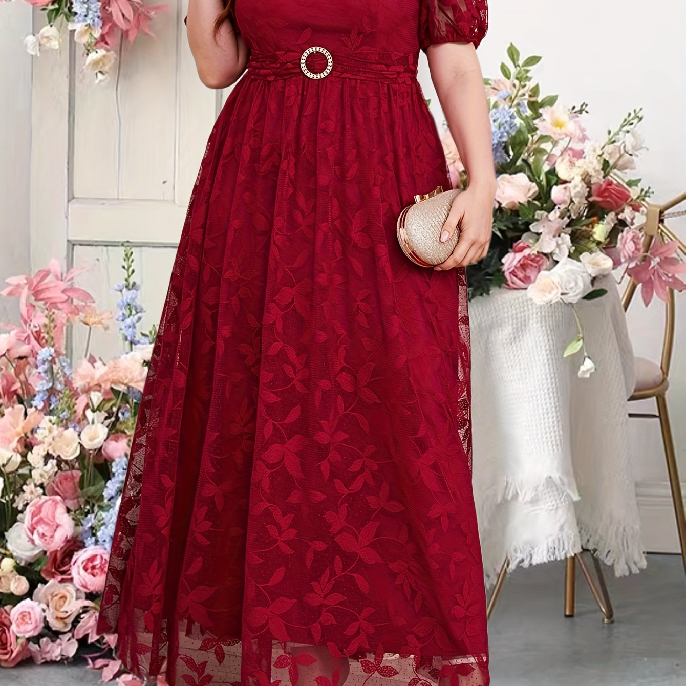 Leaf Lace Puff Sleeve Plus Size Bridesmaid Maxi Dress