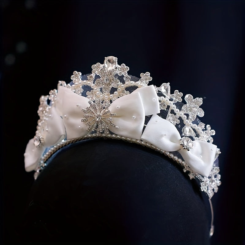 Bridal Rhinestone Pearl Headband Tiara Bow Wedding Hair Accessory